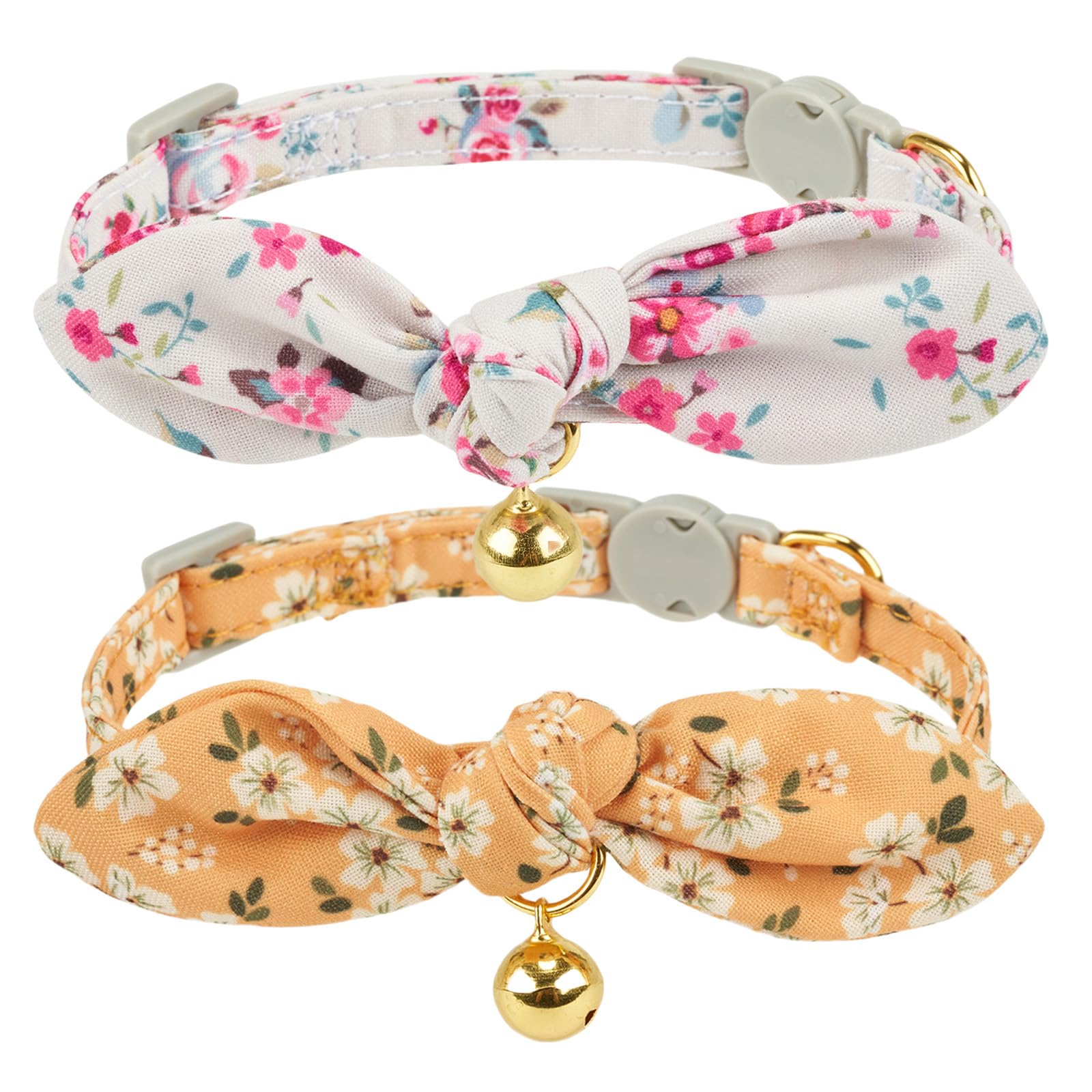 Petiry Floral Cat Collar with Removable Bow tie,Breakaway Kitten Collar with Gold Bell,Pack of 2,White and Yellow — image 1