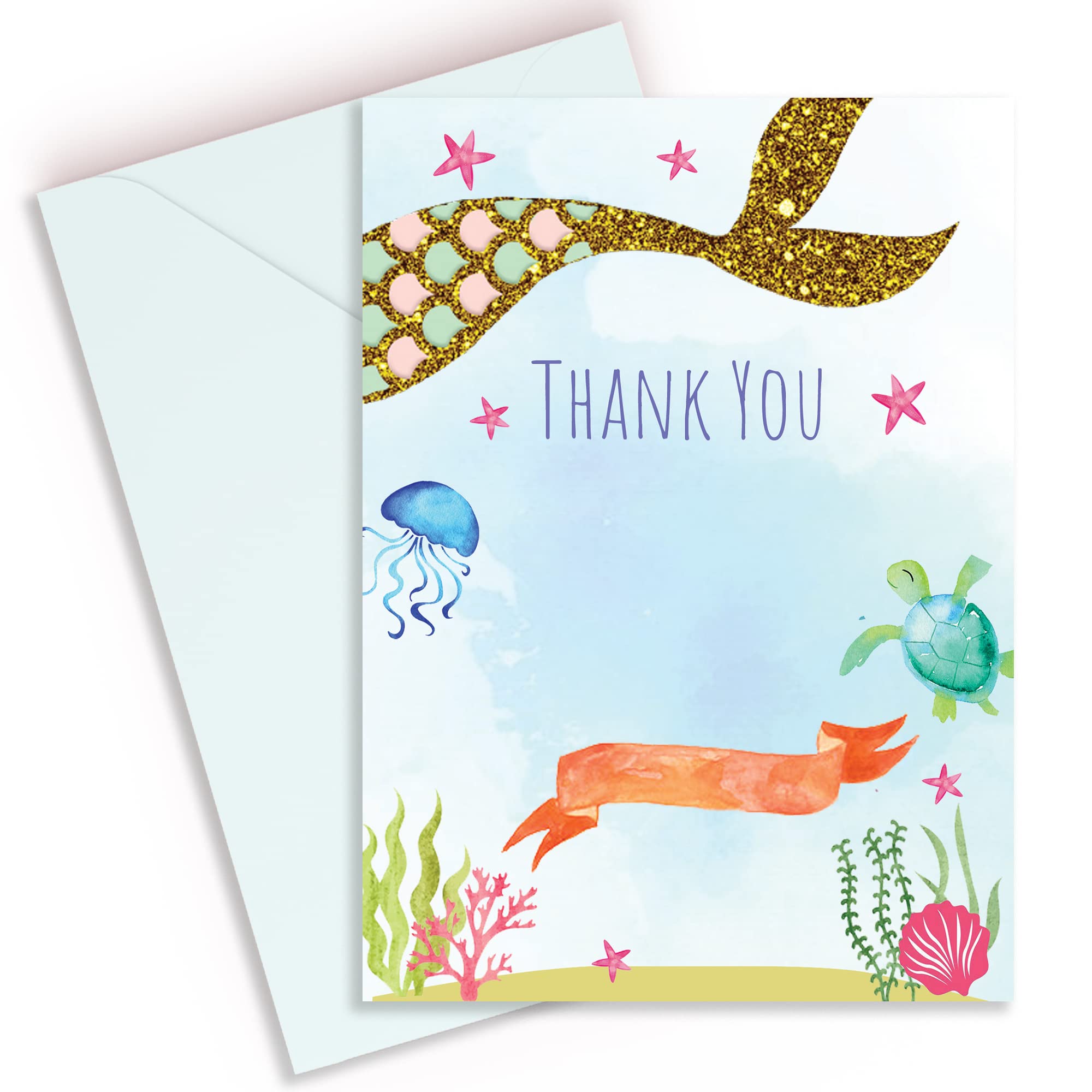 Mermaid Birthday Party Thank You Cards for Girls | Blue Kids Favour Notes Pack (50 Pack)