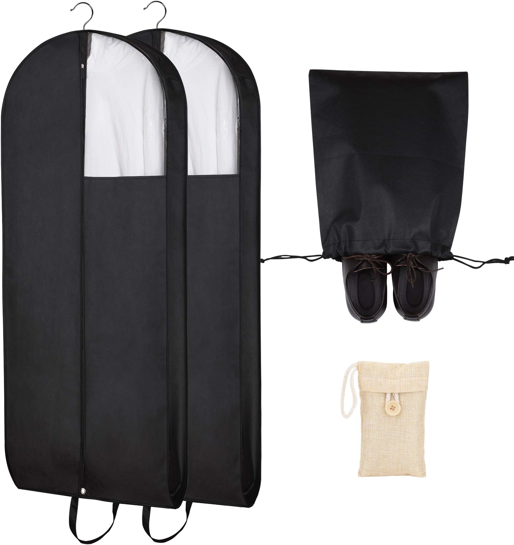 Garment Bags - BONUS:Closet Deodorizer and Shoe Bag, 54" long clothes protection from dust and moth; storage of dresses, suits and coats; clear window covers and strengthened webbing handles