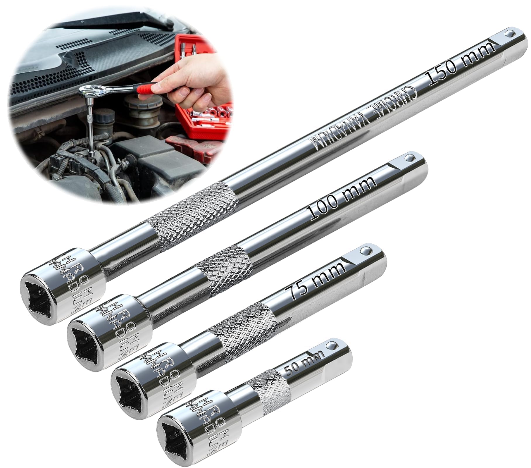 TXXATX 1/4 Drive Socket Extensions - 4pc Set, 50mm, 75mm, 100mm, 150mm CR-V Steel Wrench Extender for Socket Wrench Ratchet