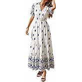 PRETTYGARDEN Womens Summer Boho Maxi Dress 2026 Trendy Short Sleeve V Neck Flowy Beach Floral Dresses with Pockets