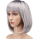 AGPTEK 13 Inches Straight Heat Resistant Short Bob Hair Wigs with Flat Bangs for Women Cosplay Daily Party - Grey