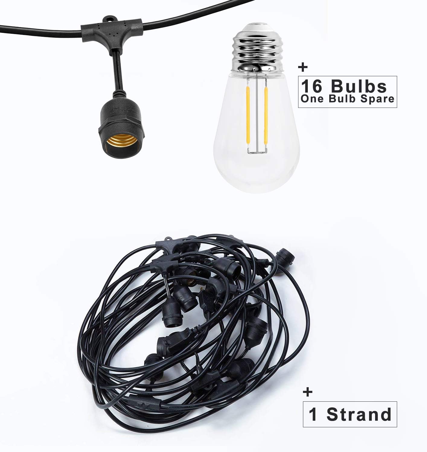 Outdoor Linkable 48ft ETL Approvaled led Heavy-Duty Light String with 15+1(Spare) 2W Energy-Saving PC Shatterproof Bulbs 3000K Warmwhite for Patio Garden Backyard Porch: Home Improvement