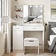 Fameill Makeup Vanity Desk with Lighted Mirror & Power Strip,White Vanity Table Set with Lights and Lots Storage,2 Drawer Makeup Table,3 Lighting Colors,35.4in(L)