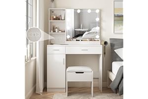 Fameill Makeup Vanity Desk with Lighted Mirror & Power Strip,White Vanity Table Set with Lights and Lots Storage,2 Drawer Makeup Table,3 Lighting Colors,35.4in(L)