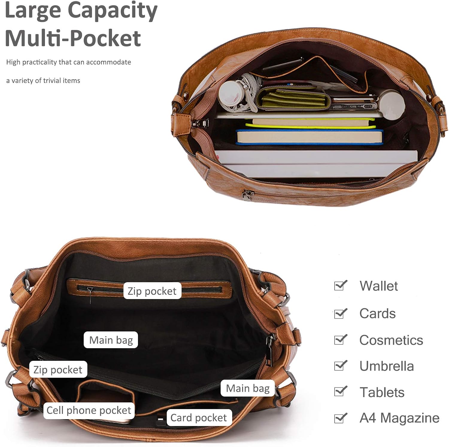 NICOLE & DORIS Fashion Hobo Bag Soft Leather Handbags for Women Shoulder Bag Multiple Pocket Tote Bag Large Crossbody Bags for Work School Travel Brown - Image 5