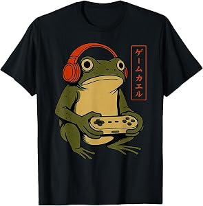 Funny Japanese Gamer Frog Graphic Tees T Shirts Men Women Gaming Vintage Anime Tee