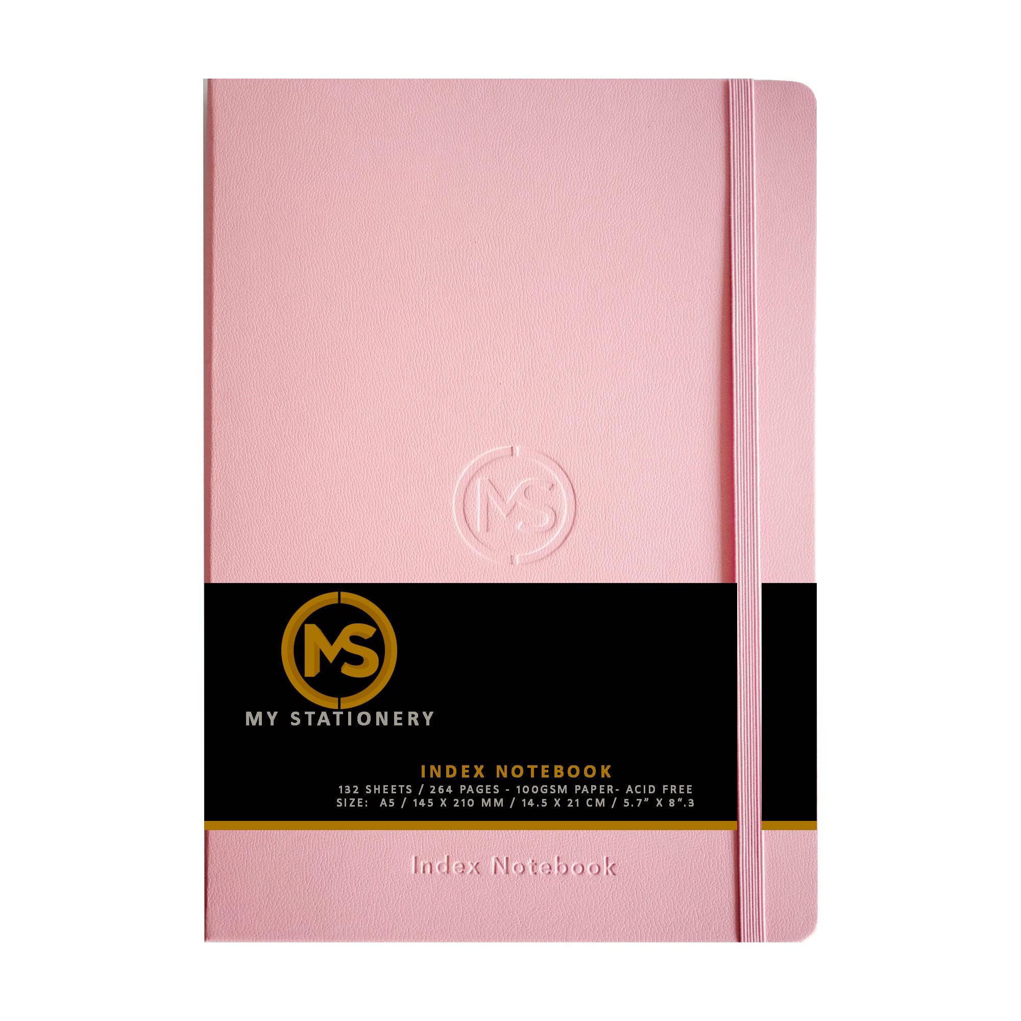 A5 Index Notebook Hardback Leatherette Cover 8mm Ruled Margin A-Z Tabs 264 Pages 100 GSM White Paper - Blush Pink Cover