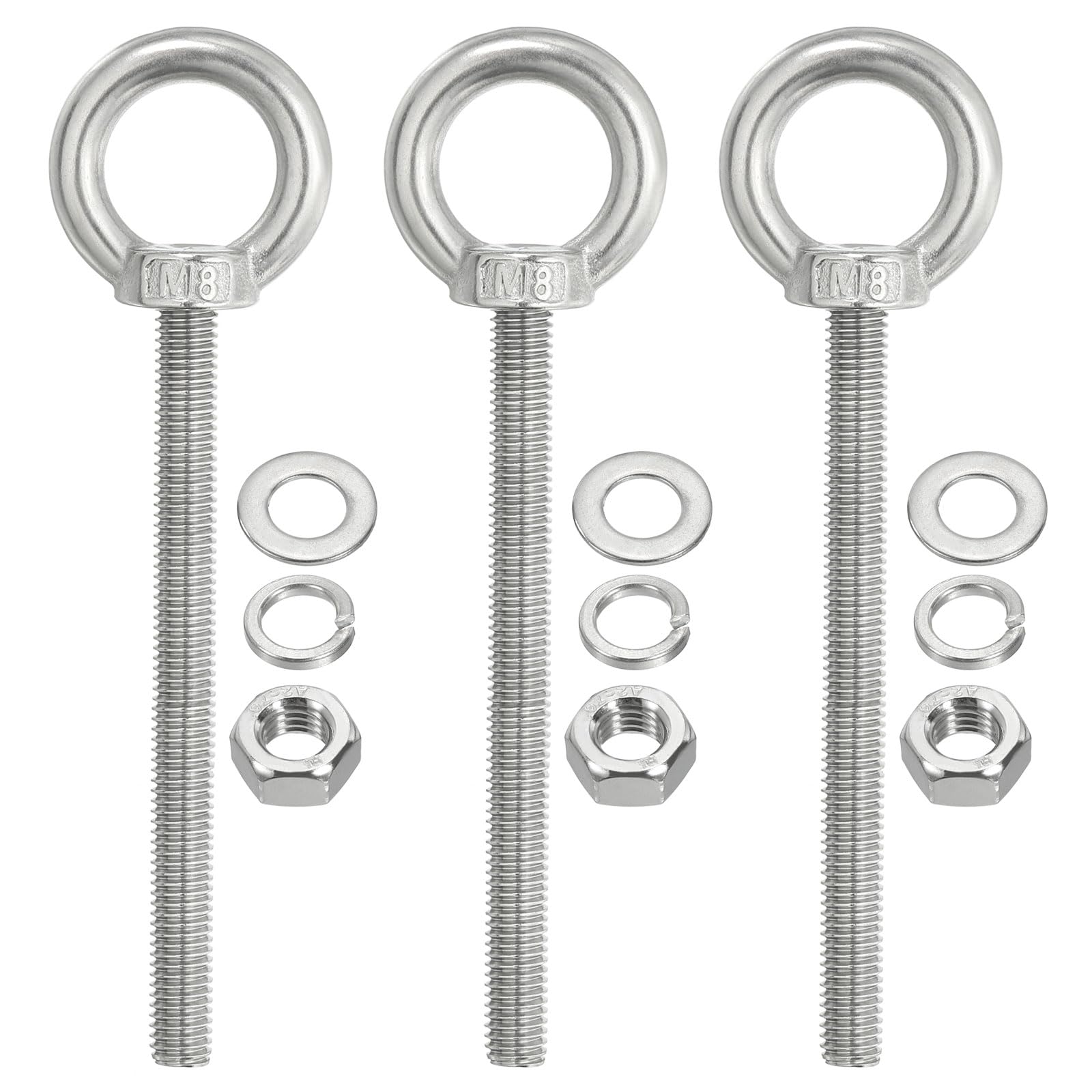 PATIKIL M8 x 100mm Lifting Shoulder Eye Bolt, 3Pcs 304 Stainless Steel Lifting Ring Threaded Eyebolt with Nuts Washers for Hanging Hammocks Articles