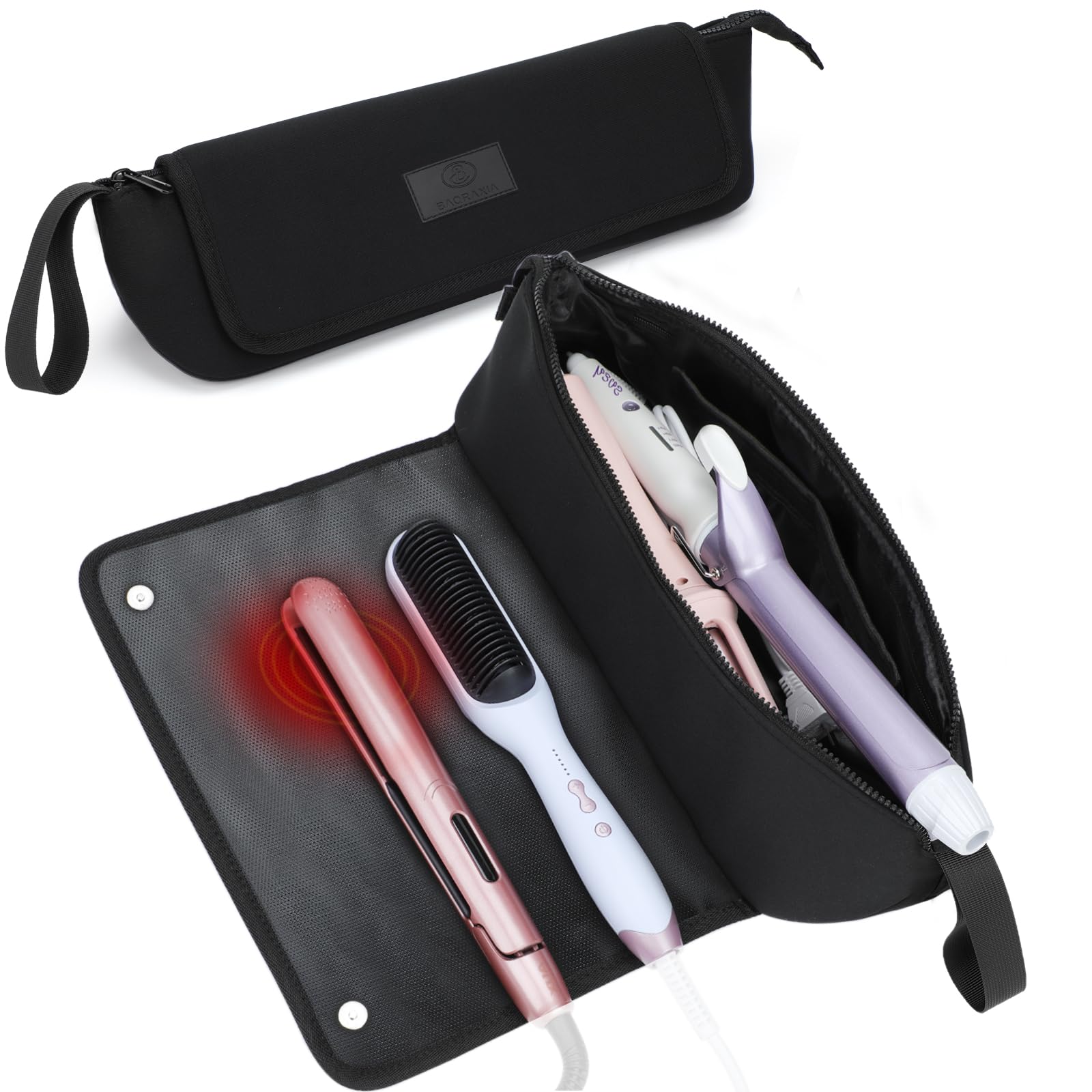 Travel Essentials Neoprene Hair Styler Bag w/Heat Resistant Mat for Flat or Curling Irons, Straighteners Haircare Accessories, Airport Essentials, Gifts for Women Friends Sister (Black-Fireproof Mat)