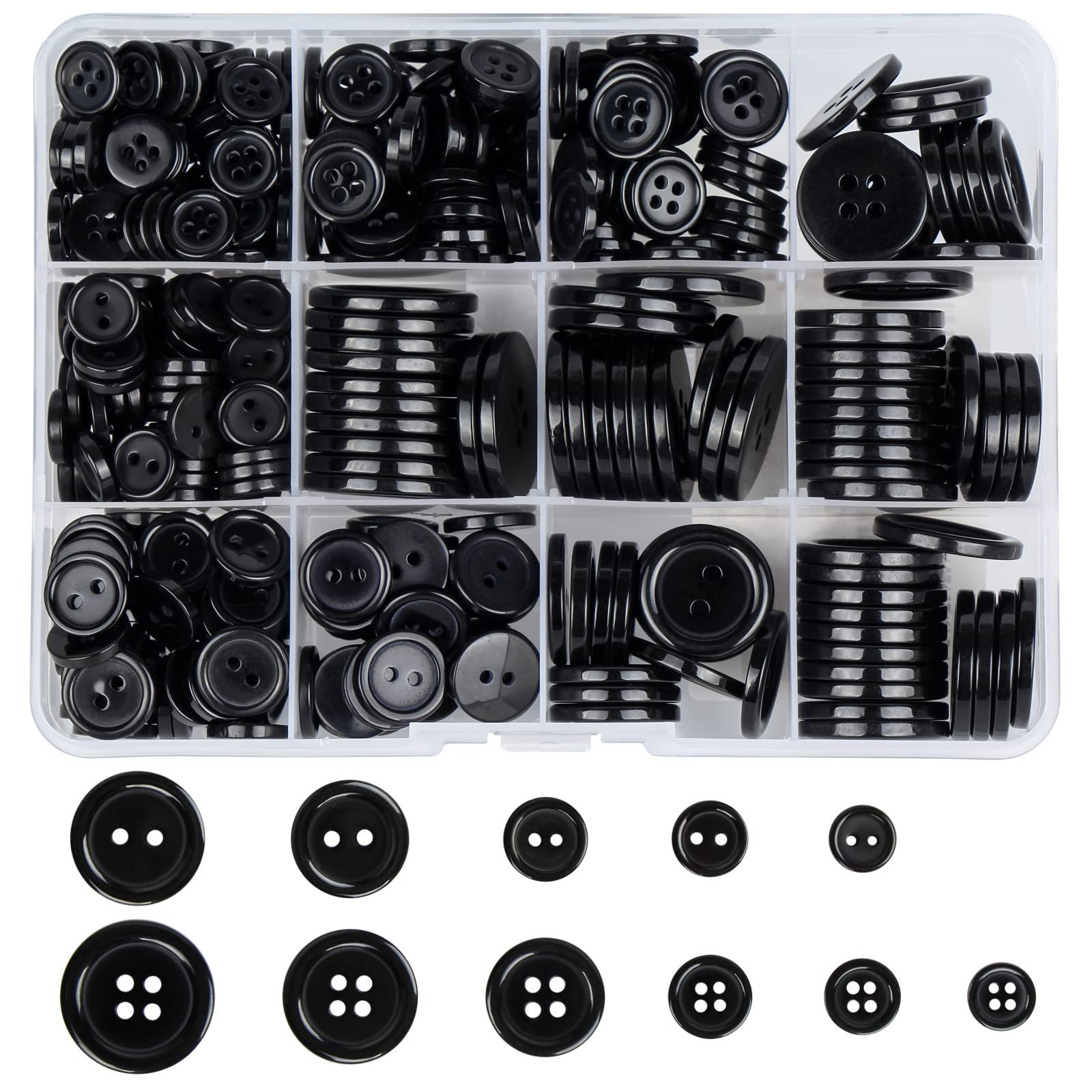 Furuising 404Pcs Black Buttons, 2 Hole & 4 Hole Resin Buttons with Storage Box for Sewing, Blazer, Knitting, Cardigans 10mm/11.5mm/12.5mm/18mm/20mm/23mm
