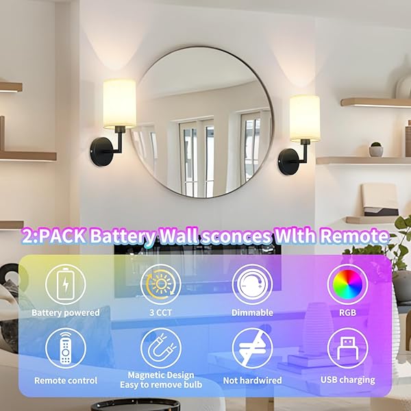 WODERDENG BATTERY OPERATED WALL SCONCE SET OF TWO,DIMMABLE CORDLESS WALL SCONCES,12 COLORS RECHARGEABLE WALL LIGHTS,WALL LAMPS FOR BEDROOM,LIVING ROOM (BLACK)