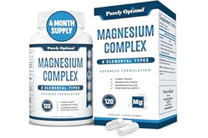 Purely Optimal Magnesium Complex - 6 Forms Magnesium Glycinate, Citrate & Malate - Sleep Support, Stress Relief, Muscles, Heart Health & Relaxation - Magnesium Supplement for Women & Men, 120 Caps