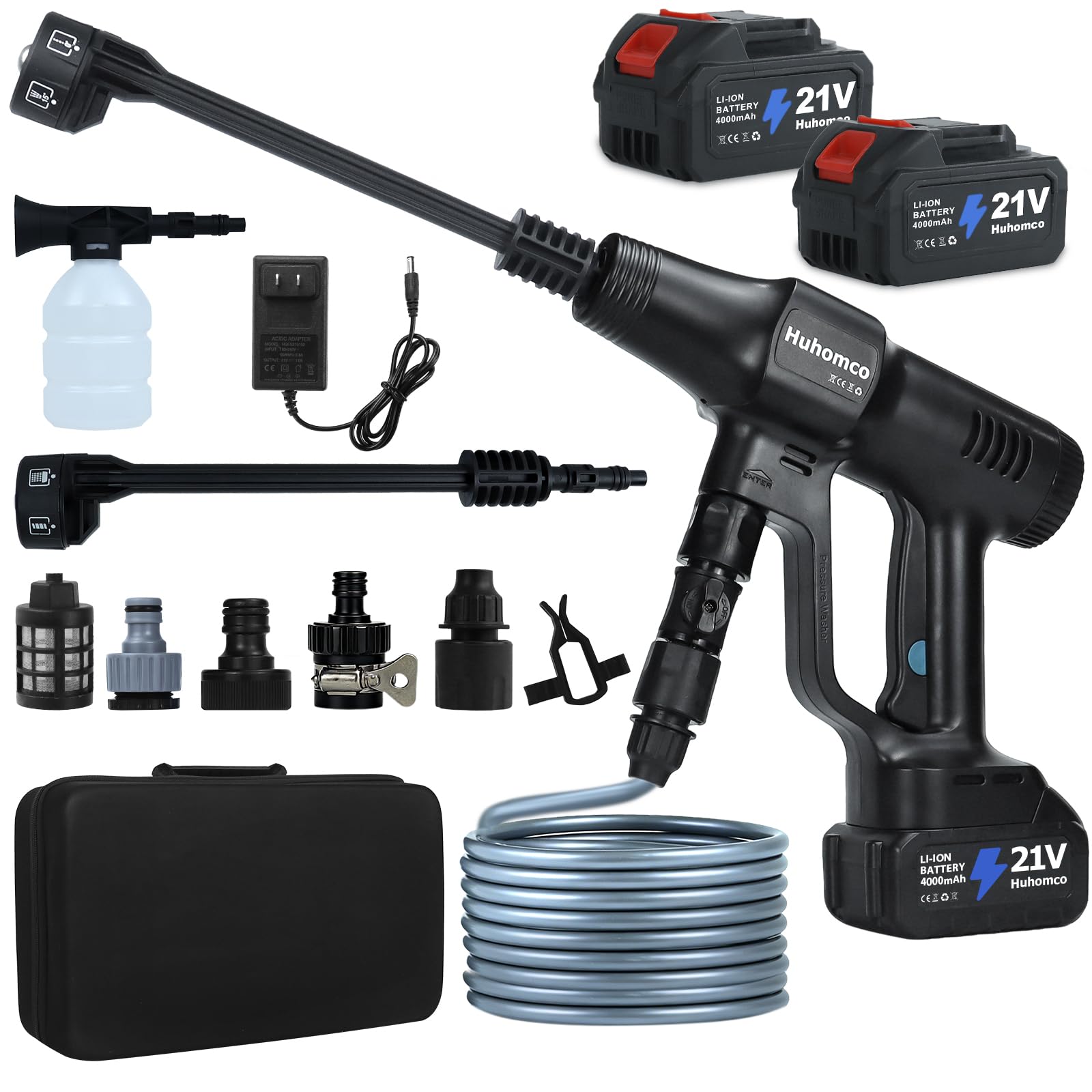 Photo 1 of Huhomco Cordless Pressure Washer Battery Powered; 1200PSI Cordless Power Washer with 6-in-1 Nozzle, 16.4FT Kink-Free Hose, 2×4.0Ah Batteries; Portable Power Wash for Home Car Garden Patio (Black)