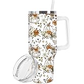 FYSUIMU 40oz Fall Pumpkin Tumbler with Handle Straw and Lid, White Pumpkin Retro Floral Travel Tumbler Watercolor Stainless Steel Cup Coffee Cup for Autumn Thanksgiving Party Home Office