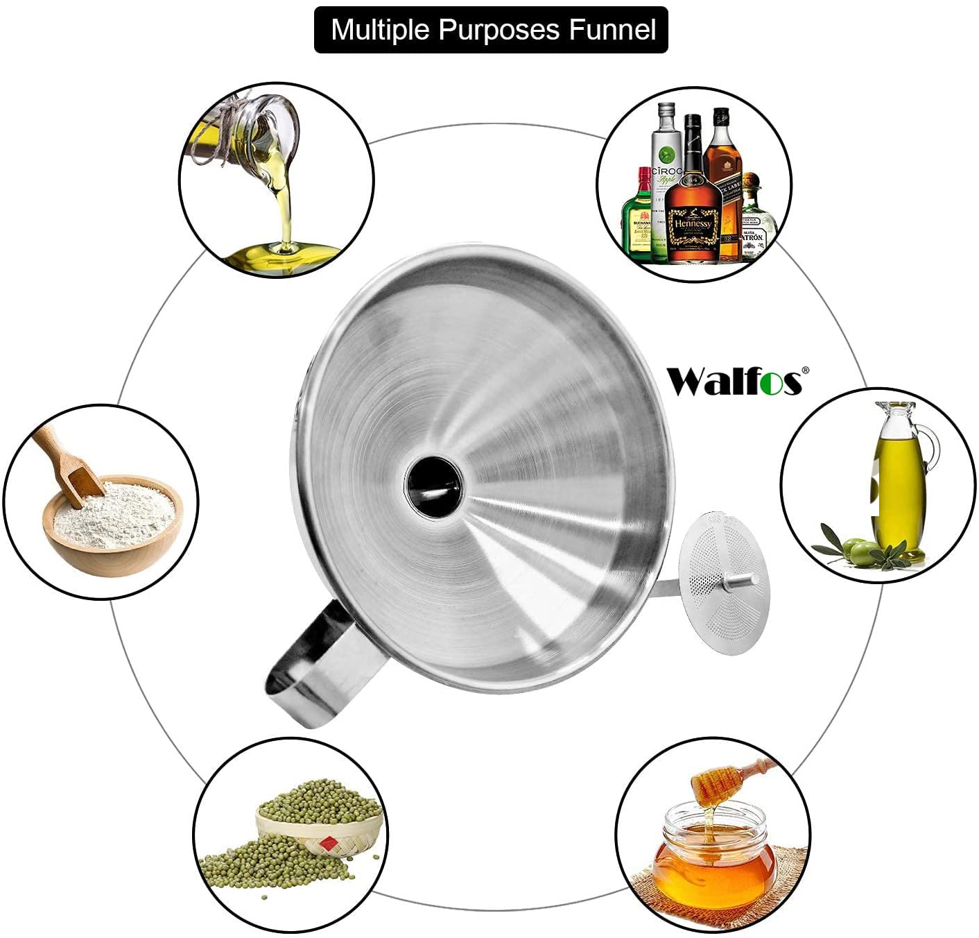 Stainless Steel Funnel, Walfos 3 Pack Kitchen Funnel with 2 Removable Strainer ＆ 1Pcs Cleaning Brush, Perfect for Transferring of Liquid, Oils, Jam, Dry Ingredients & Powder