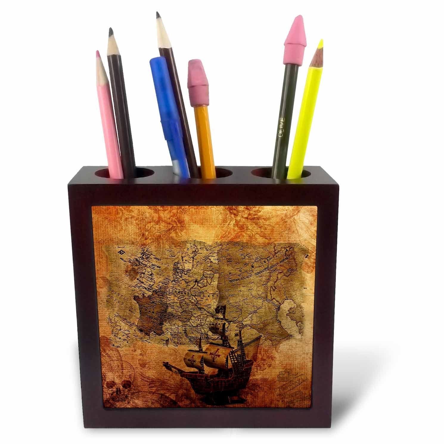 3dRose Image of Vintage Russia N Europe Map with Pirate - Tile Pen Holder, 5-Inch (Ph_256167_1)