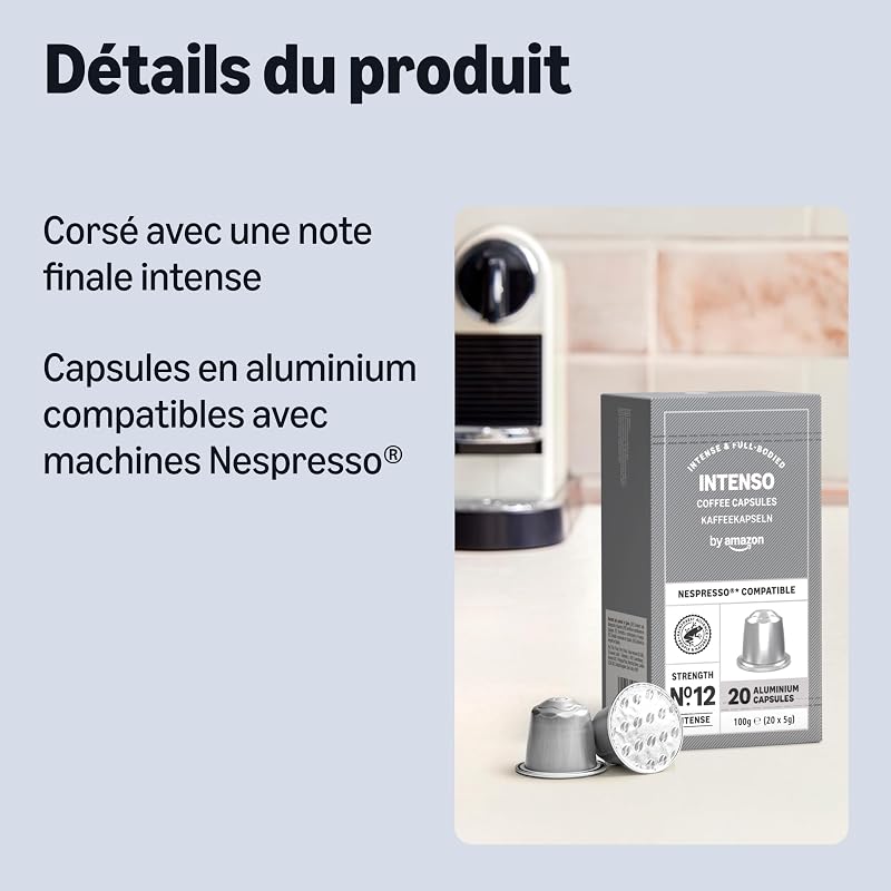 Capsules de Café Intenso Compatibles avec Nespresso, capsule en aluminium, torréfaction poussée, 100 Pièces, 5 lot de 20 - Certifié Rainforest Alliance