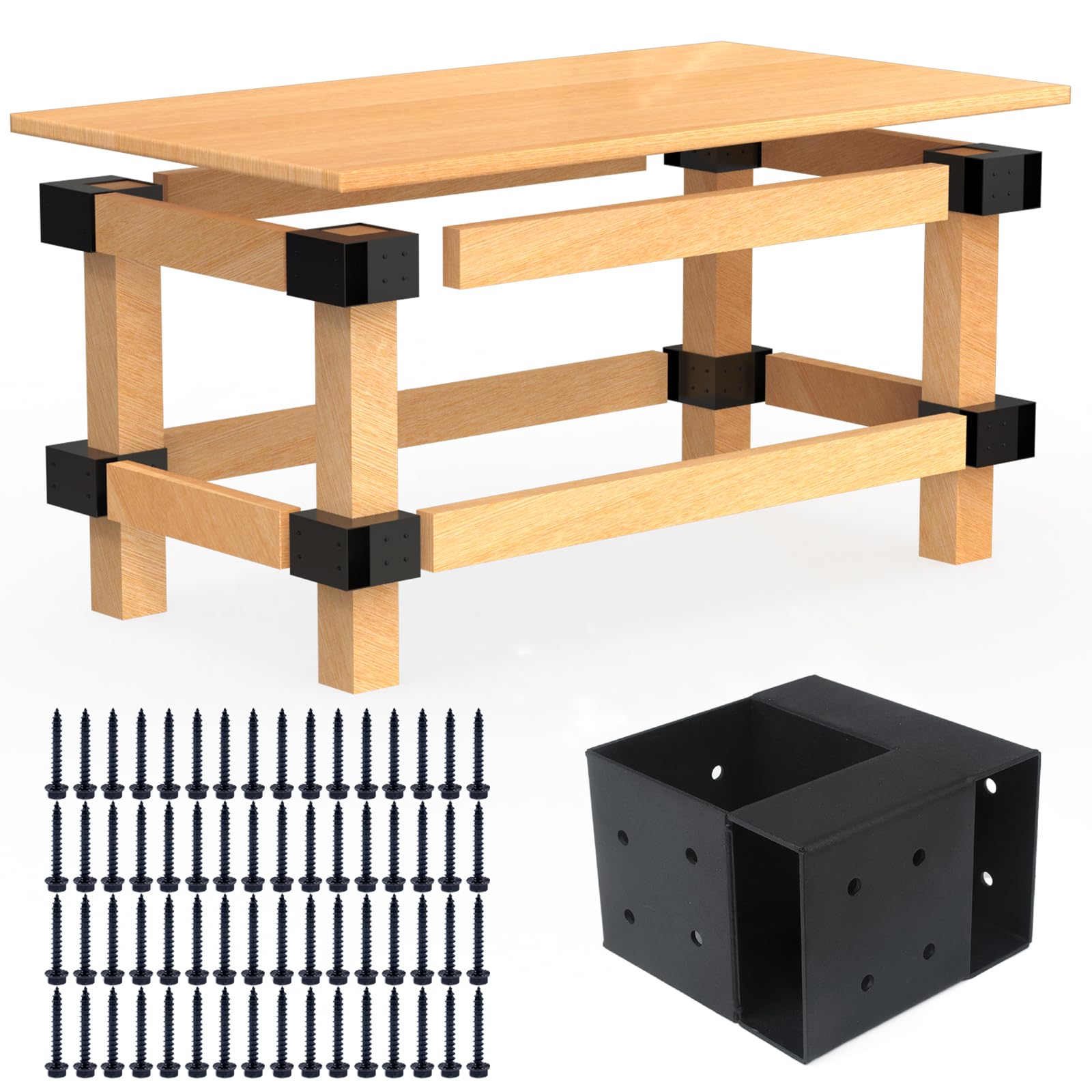 Photo 1 of Heavy Duty Workbench Bracket Kit – Set of 4 Steel 3-Way Brackets for 4x4 and 2x4 Lumber, Ideal for DIY Garage Work Bench Legs, Woodworking Tables, Workshop Shelves, Planer Stands, and Kitchen Islands