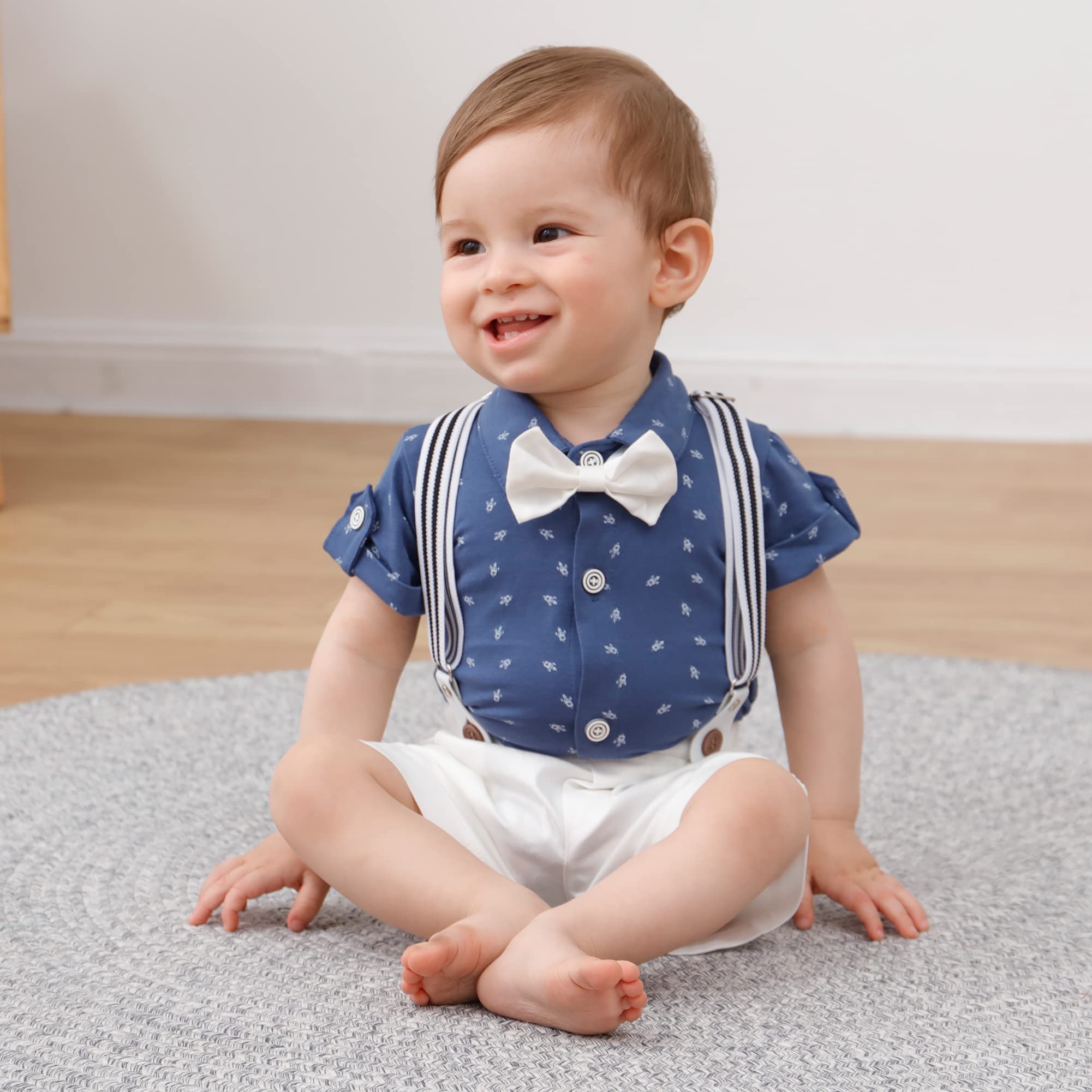 DISAUR Baby Boy Clothes Suits,Infant Gentleman Outfits Short Sleeves Romper +BowTie + Suspender Pants Wedding Set 0-18 Months