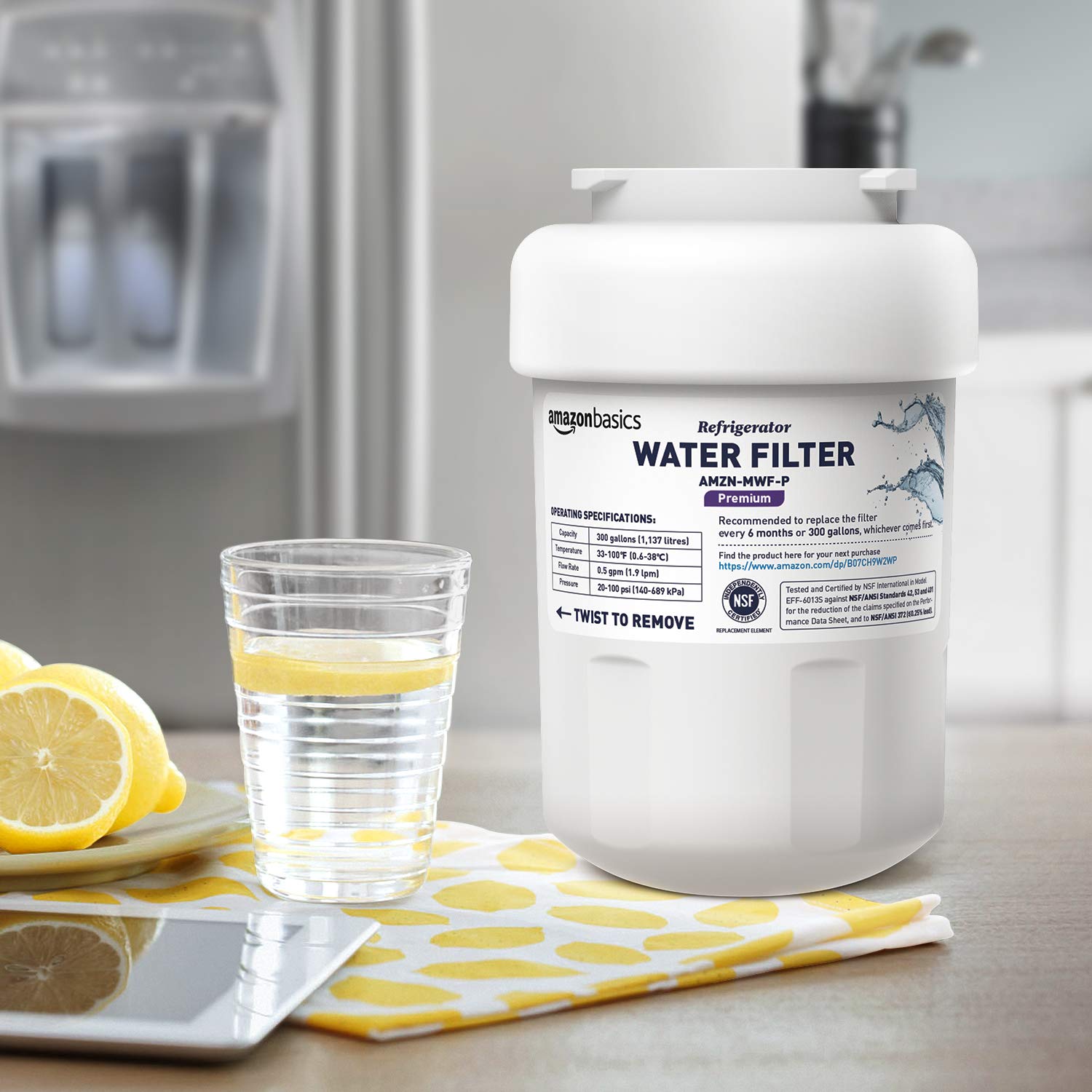 Amazon Basics Replacement GE MWF Refrigerator Water Filter for Filtration, NSF Certified, Compatible with GE and Kenmore, Premium Filtration, Easy to Install, Pack of 3
