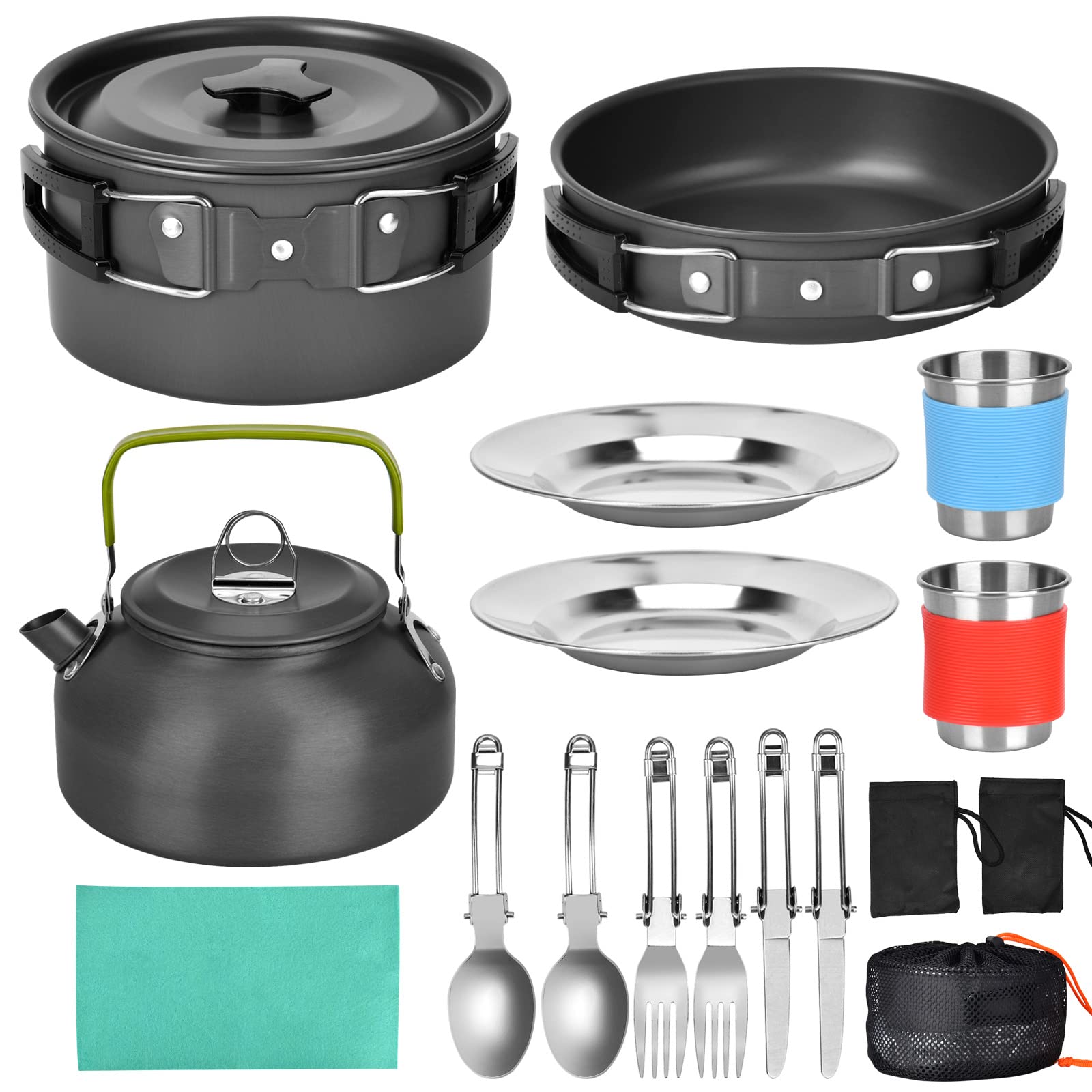 DUOJIN Camping Cooking Set Portable Camping Cookware Kit Aluminum Outdoor Camping Pans Pots and Stove Cooking Gear for Outdoor Hiking BBQ Picnic Campfire Backpacking Travel 1-2 People