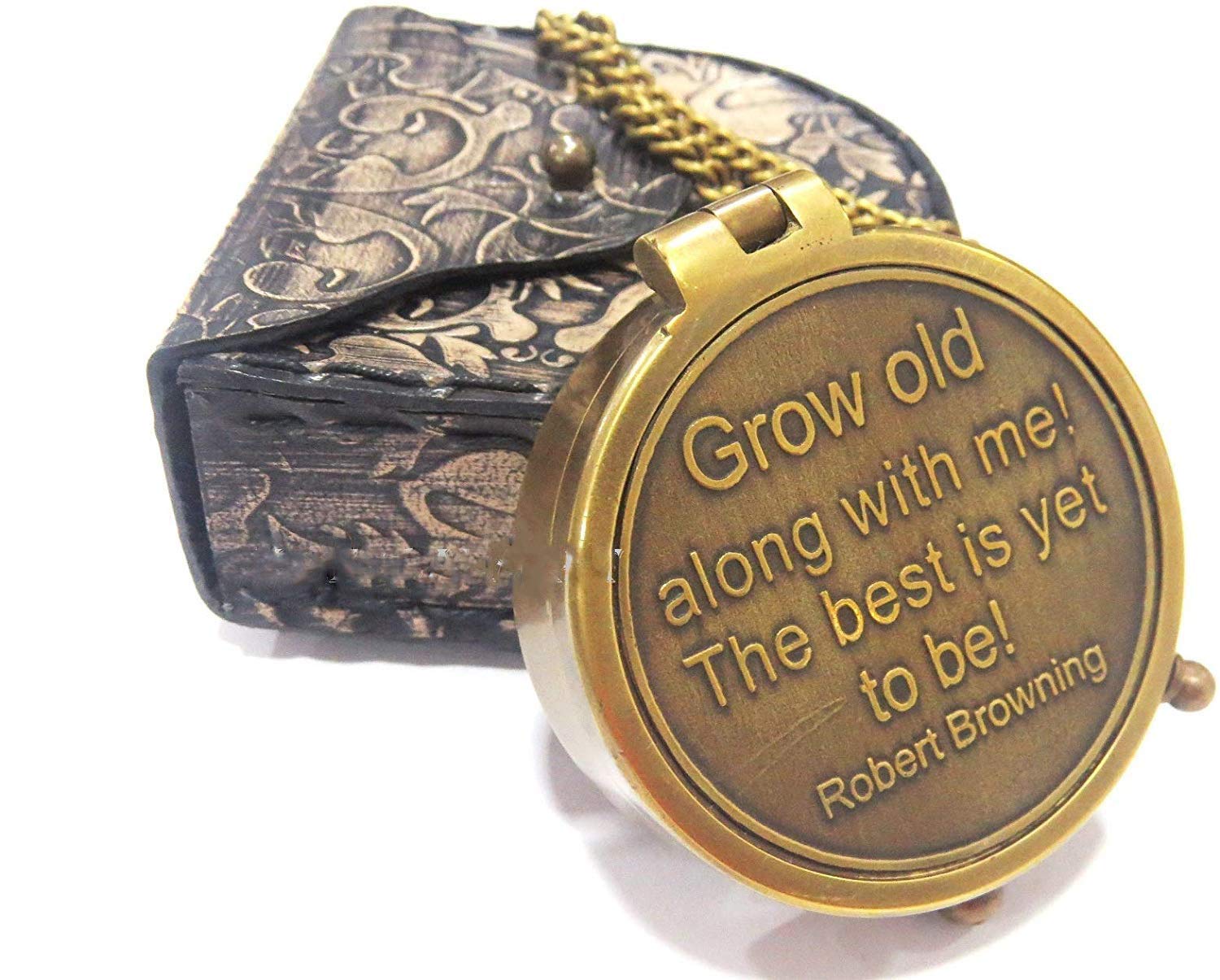 Nautical-Mart Grow Old Along with Me Engraved Brass Compass on Chain with Leather case, Wedding Gifts