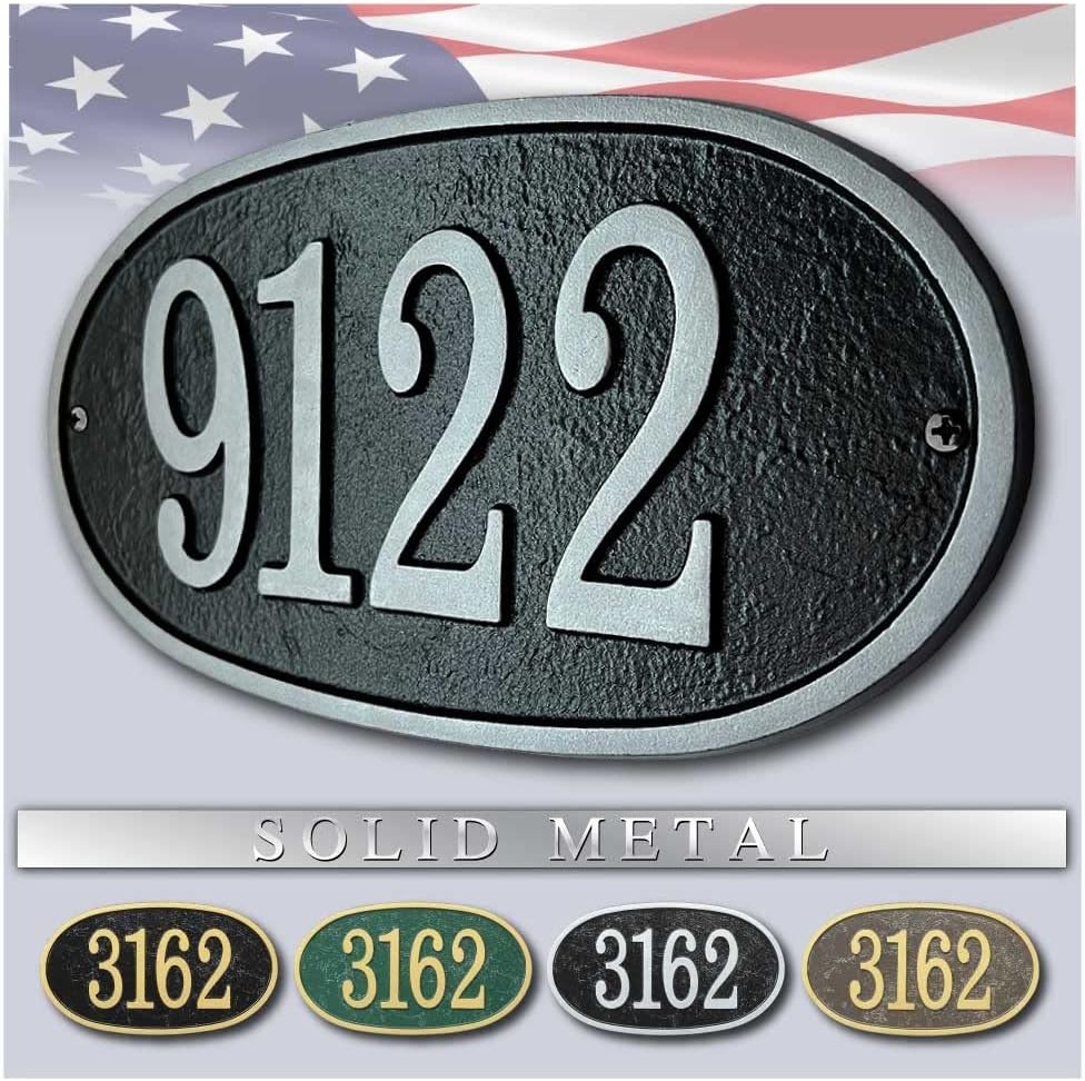 Plaques & Wall Art - Whitehall™ Personalized Cast Metal Address plaque with oval shape. Made in the USA. BEWARE OF IMPORT IMITATIONS. Four colors, four shapes available! Custom house number sign.