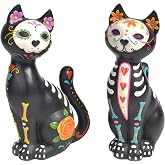 Newman House Studio Sugar-Skull-Cat Halloween-Decor - Day-of-Dead-Figurine | Halloween Cat Statue Floral Cats Couple-Decor Dia de Los Muertos Black Kitten Collectibles Set of 2, 6.3L x 4.0W x 10.2H inch