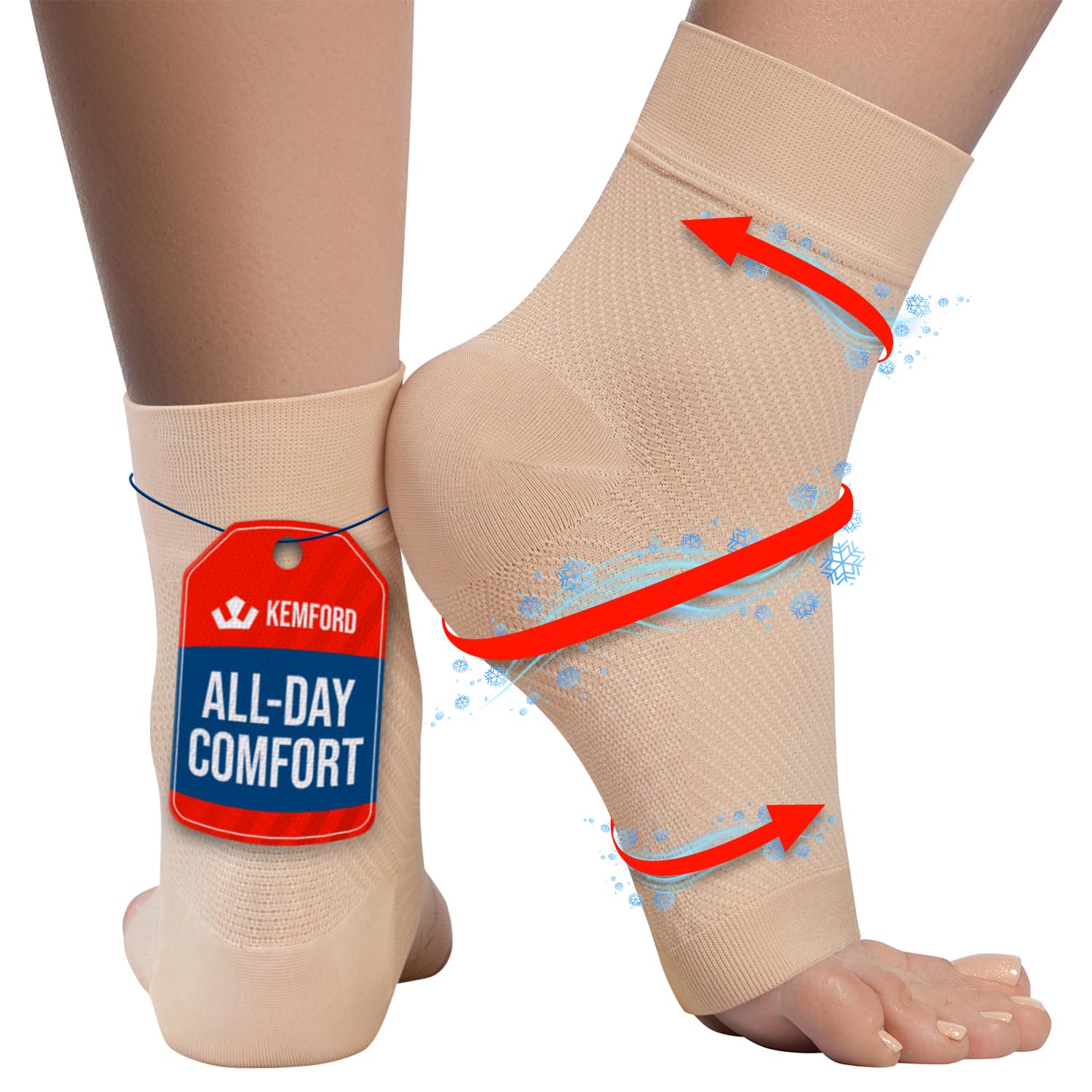 Photo 1 of KEMFORD Ankle Compression Sleeve with Cooling Effect - Plantar Fasciitis Braces - Open Toe Compression Socks for Swelling, Sprain, Neuropathy, Arch Support for Men and Women - L, Beige