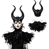 UQJE Black Gothic Witch Costume Raven Costume Halloween Feather Shawl Mesh Cape with Horns Set