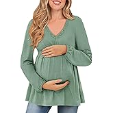 FMEYOA Women's Maternity Tops Long Sleeve V Neck Fall Loose Blouse Ruched Babydoll Pregnancy Shirts S-2XL
