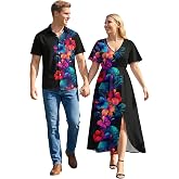 ROSE GAL Matchable Couples Hawaiian Men Shirt and Women Vintage V-Neck Split Dress