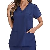 VECARDI Women's Scrub Top Short Sleeve Medical Shirts Stretchy Soft Nurse Uniform V Neck Top Tee With 3 Pockets