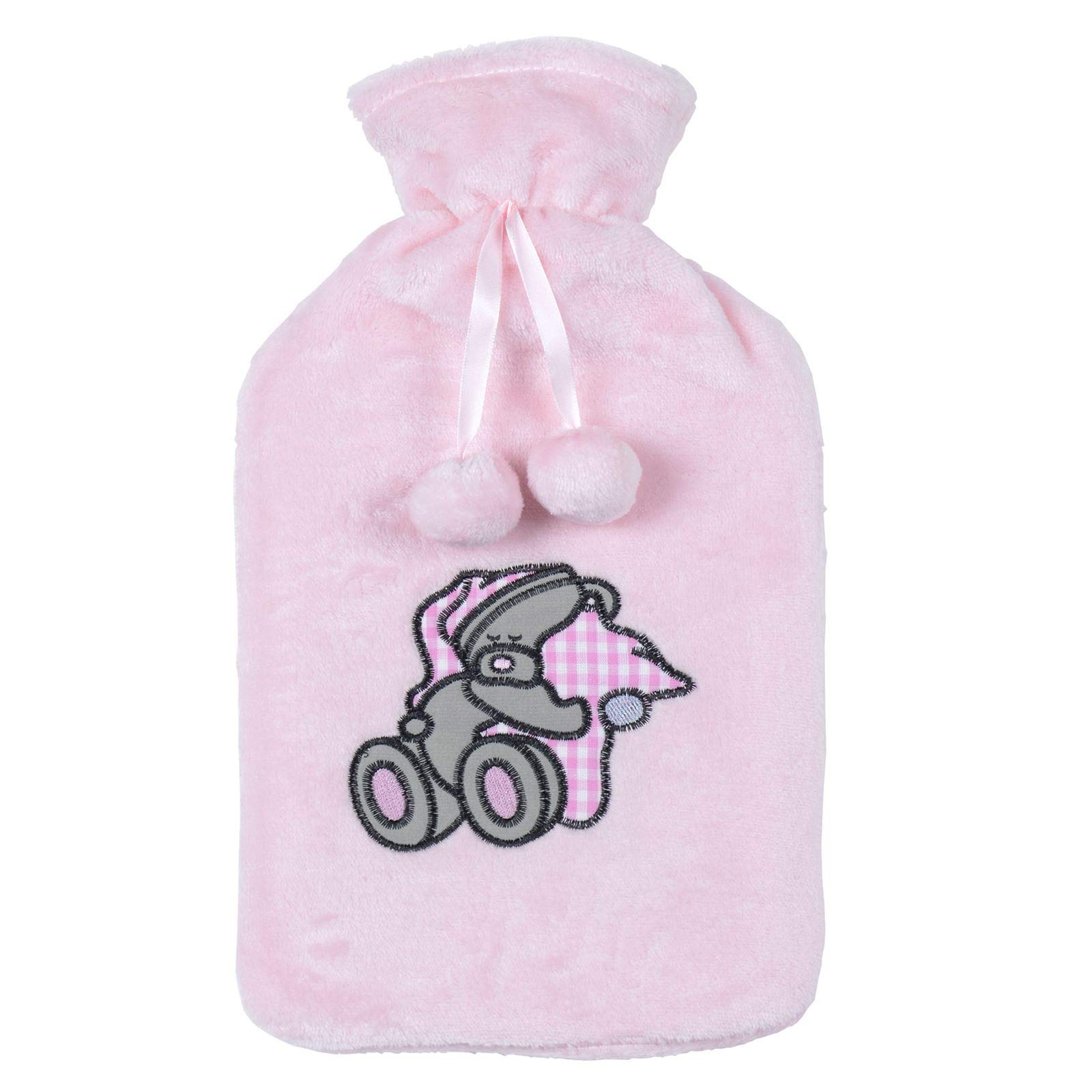 Large Hot Water Bottle With Soft Fleece Cover Pink Sleeping Teddy Bear Embroidered Design Pom Poms For Winter Nights Heat Therapy Bed Sofa Comfort Sleep Removable 2 Litre Natural Rubber 35cm