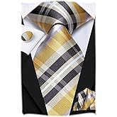 Hi-Tie Mens Plaid Ties Classic Paisley Necktie with Handkerchief Cufflinks Set Business Stripe Tie