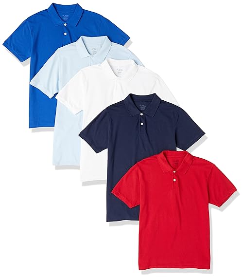 The Children's PlaceThe Children's Place BoysShort Sleeve Pique Polo 5 packClassic Red/Nautico/White/Brooke/Renew BlueLarge (10H-12Husky)