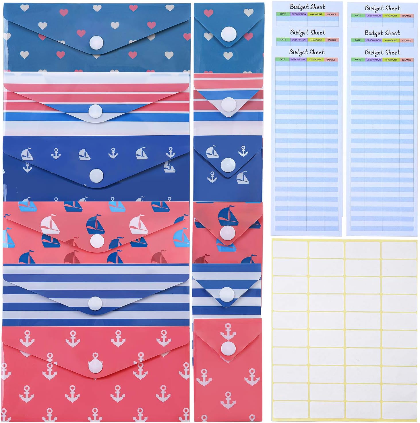 Tupa 6 Pack Cash Budget Envelopes System Waterproof Reusable Plastic Cash Envelope 6 Pack Plastic Coin Envelopes with Snap Button Plus and 6 Pieces Budget Sheets and 1 Label Sheet