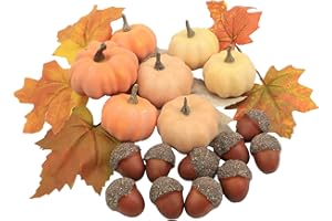 GHRDOPY 21Pcs Fake Pumpkins Fall Thanksgiving Decorations,Plastic Pumpkins with Acorns,Maple Leaves,Artificial Mini Pumpkins Decorating Autumn Harvest Outdoor Indoor Home Decor Centerpiece Table Decorations
