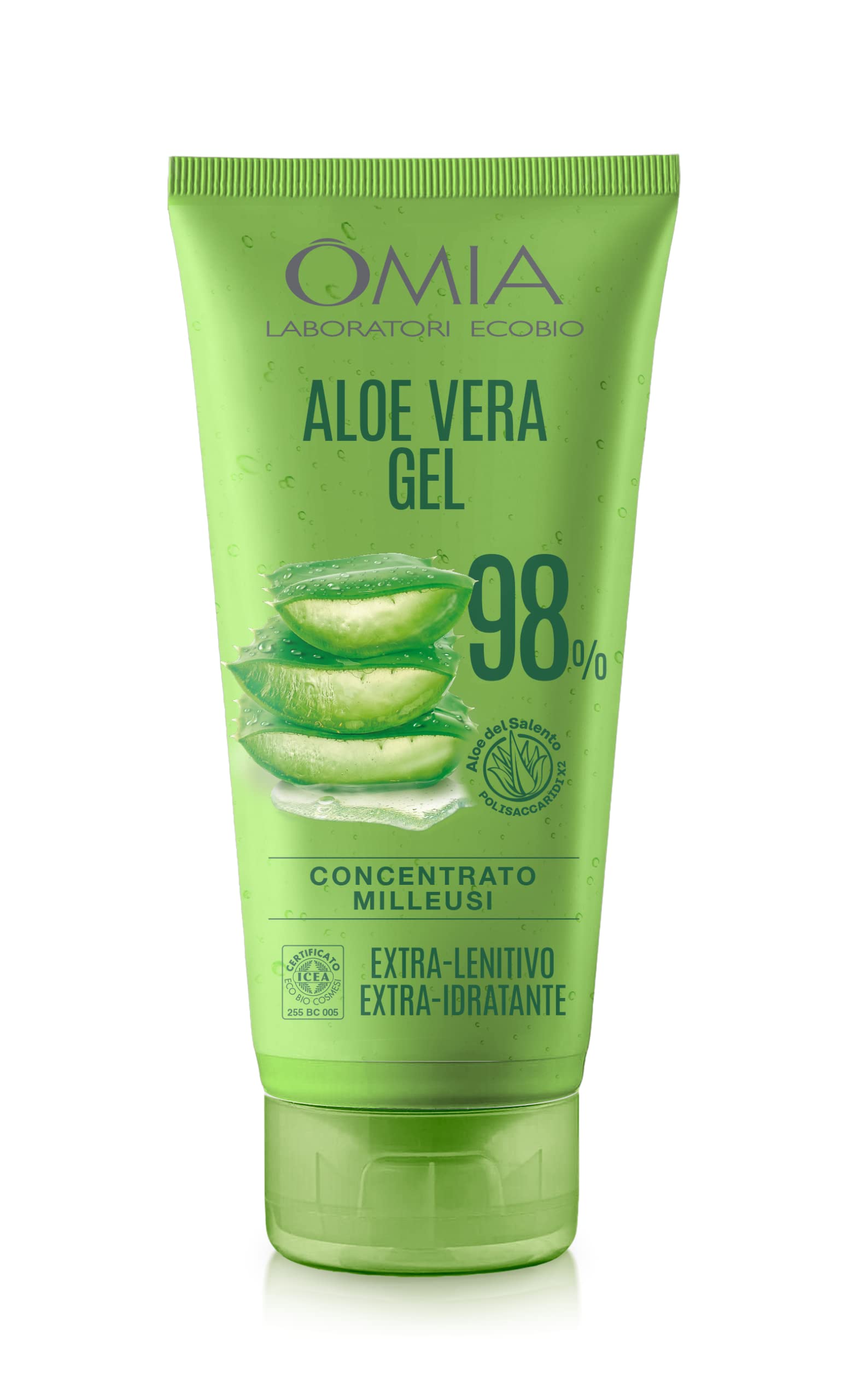 Omia - Gel Eco Bio con Aloe Vera del Salento al 98%, Gel Idratante, Lenitivo e Rinfrescante, Ideal per Pelli Secche, Non Unge, Dermatologicamente Testato - Bottle da 150 ml