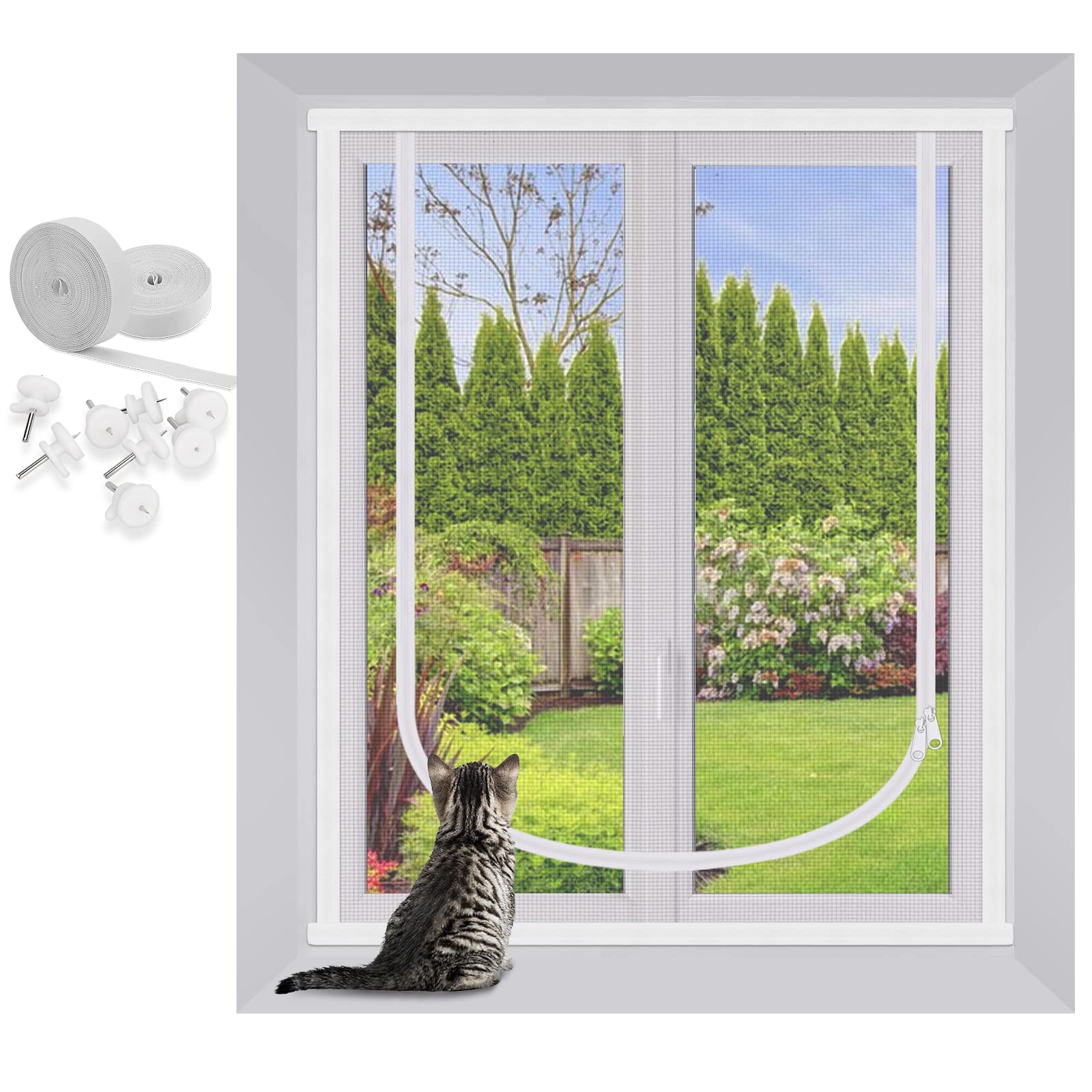 Cat Window Screen, MYPIN 47X59” Pets Protection Window Guard with Bilateral Zipper, Prevent Cats Jumping Out From Window, Bedroom, Living Room, Kitchen Patio Door (M)