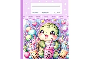 Wide Ruled Notebook: Purple Kawaii Composition Notebook With Adorable Cute Baby Turtle And Bubble Tea | For Teens, Girls, Kids, Students | Back To School Supplies | 7.5 X 9.25 | 110 Pages