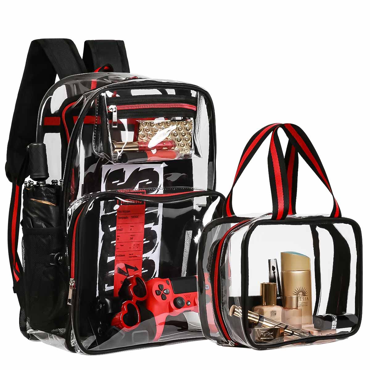 Photo 1 of 2 Pieces Heavy Duty Clear Backpack, Black PVC Waterproof Transparent Bag With Cosmetic Bag, See Through Book Bag With Lunch Bag, Stadium Approved, Reinforced Strap, School, Work, Women, Men