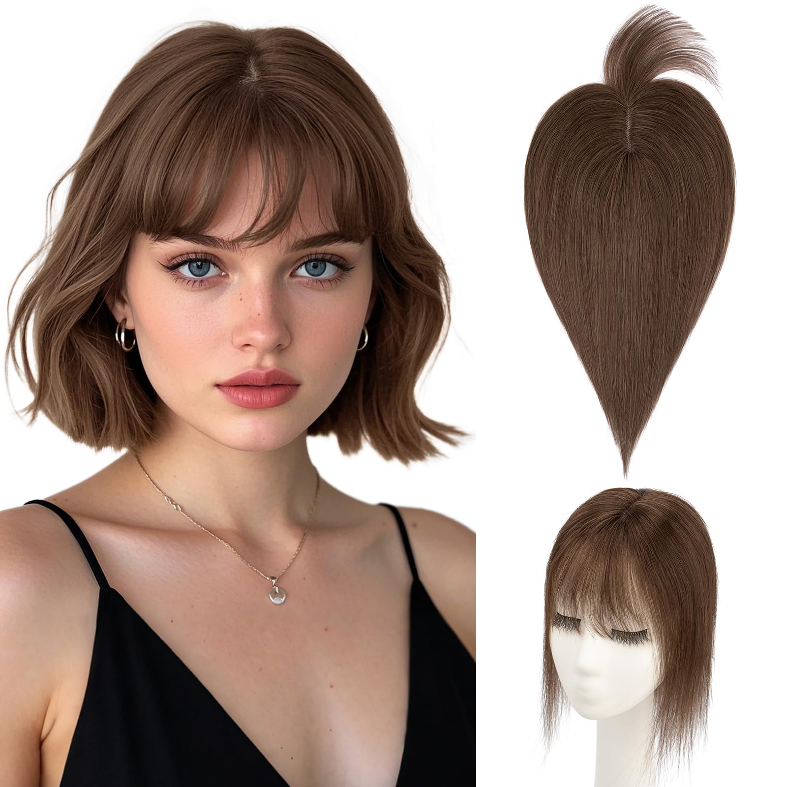 Photo 1 of Hairro Human Hair Topper with Wispy Bangs, Clips on 360° 3D Cover Real Hairpieces Lightweight, 2.25"x6" Base for Women with High Hairline/Thinning Hair, 12 Inch Dark Brown Bangs