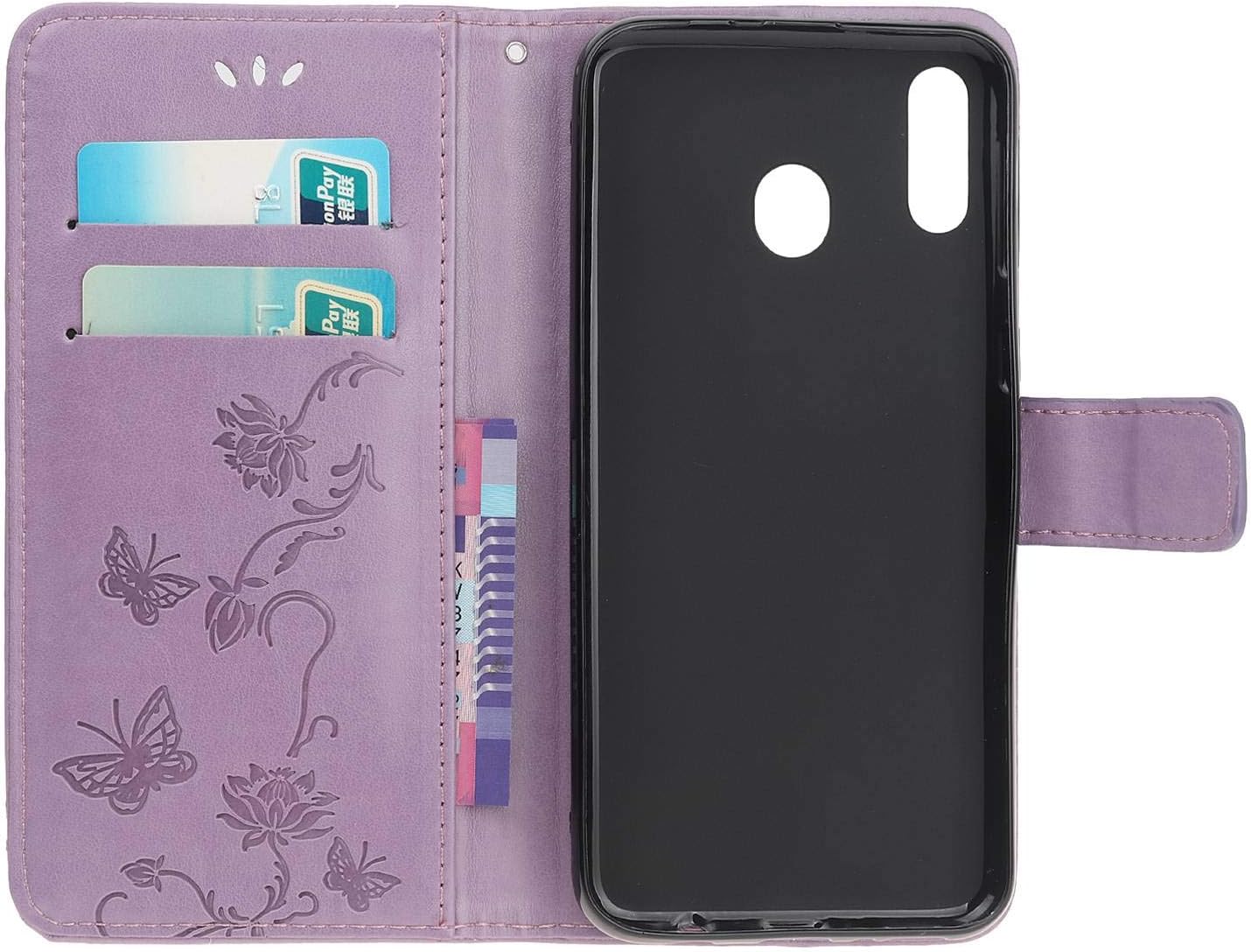 Reevermap Samsung Galaxy A20E Case Flip Cover PU Leather Wallet Lotus Butterfly Embossed Magnet Closure Card Slot Holder Stand Silicone Bumper Shockproof Case for Samsung Galaxy A20E Light Purple - Image 5