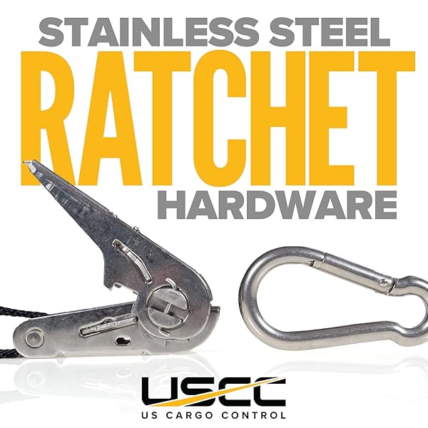 US CARGO CONTROL STAINLESS STEEL RATCHET STRAPS WITH CARABINER HOOKS 1″ X 10′ (4-PACK), 500 LBS BREAK STRENGTH, MARINE TIE DOWN STRAPS FOR BOATS, ATVS, TREES, CAMPING, SNOW & SALTWATER APPLICATIONS