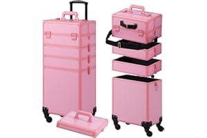 Somduy Makeup Train Case, Rolling Makeup Case with Lid, 5 in 1 Cosmetology Case on Wheels, Christmas Gift, Large Makeup Case Organizers, Profesional Cosmetic Case for Salon Barber, Pink