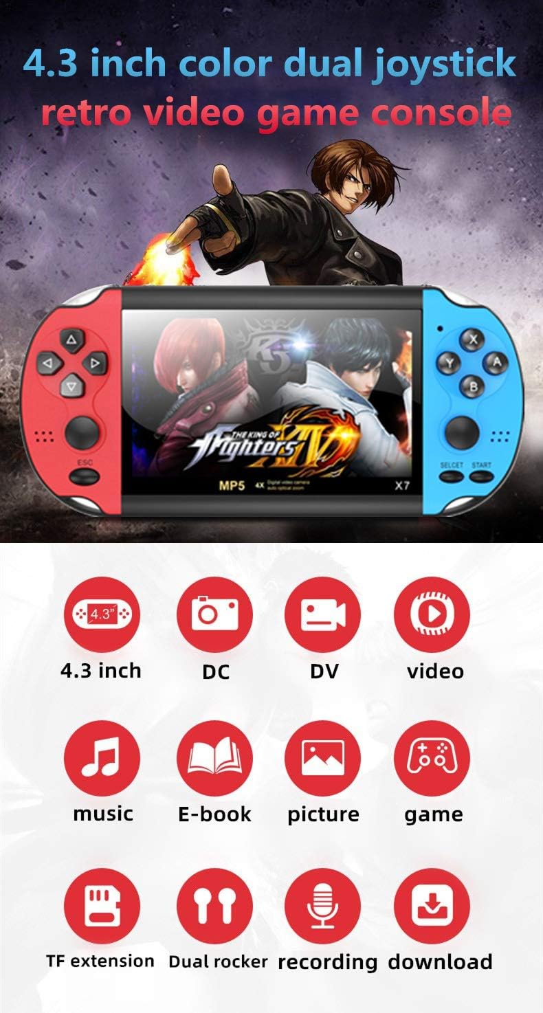 HLF 4.3 inch Dual Joystick Color Video Game Console Built-in 3000 Games Support Arcade CPS/neogeo/gba/gbc/gb/SFC/fc/sega Video Music AV Out Rechargeable Lithium Battery (Bluered): Toys & Games