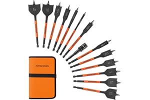 Jorgensen 14-Piece Spade Drill Bit Set with Quick-Load Connector, High-Performance Carbon Steel Paddle Bits for Woodworking, Self-Feeding Threaded Tip, Assorted Bits 1/4" to 1-1/2" with Storage Pouch