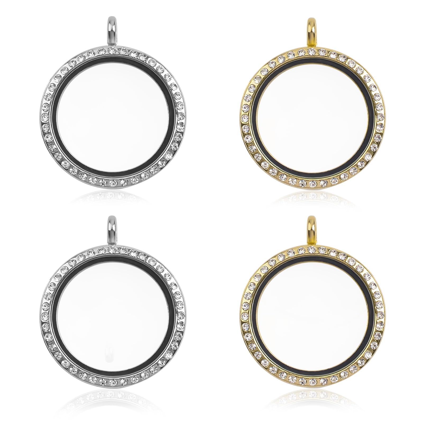 WANDIC Rhinestone Photo Charms, 4 Pcs Round Memory Locket Pendant Bridal Wedding Bouquet Photo DIY Pendant Necklace Jewelry (2 Silver + 2 Gold)